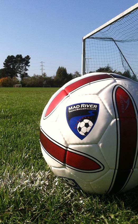 A soccer ball with the MRYSL logo sits on the grass in front of a goal net